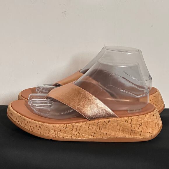 FitFlop Rose Metallic F-mode Leather/Cork Flatform Sandals Sz8 - Picture 2 of 7
